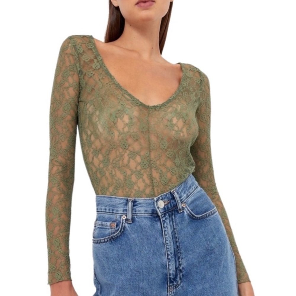 Stadivarius by Zara V-neck Green Lace Bodysuit Size sm NWT